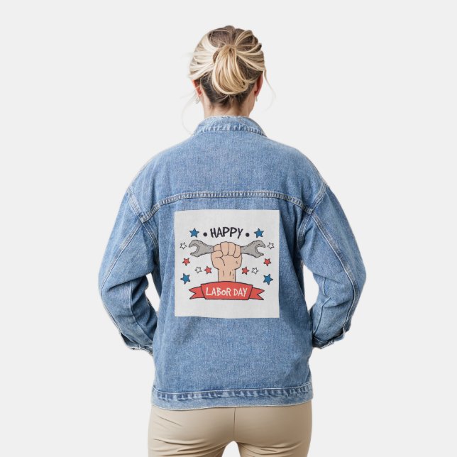 Labour Day Graphic Badge Colour Design Denim Jacket (Model)