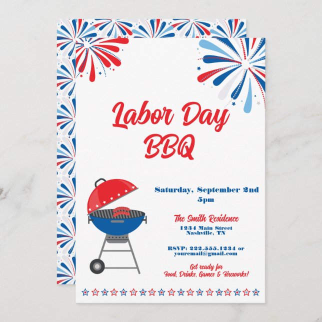 Labour Day Party BBQ Patriotic Red White Blue Invitation (Front/Back)