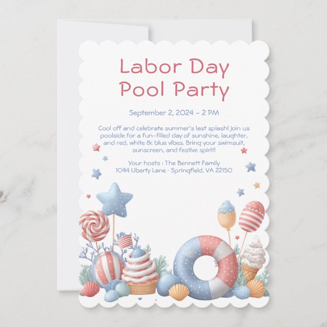 Labour Day Pool Party Red White and Blue Invitatio Invitation (Front)