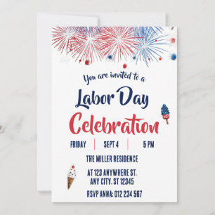Labour Day Red White Blue Fireworks Party  Invitation