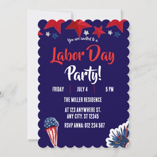 Labour Day Red White Blue Fireworks Party  Invitation (Front)
