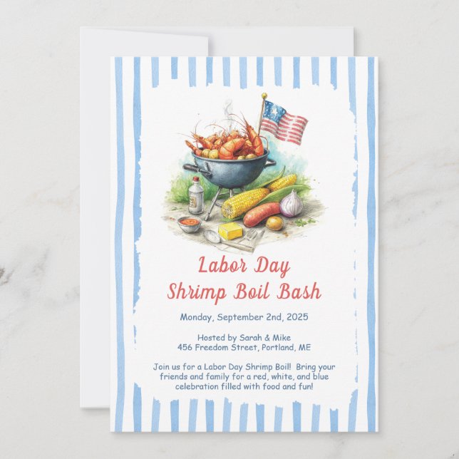 Labour Day Shrimp Boil Invitation – Patriotic Sea (Front)