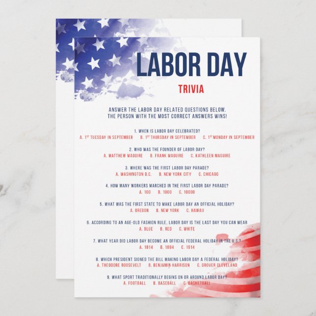 Labour Day Trivia Game USA Quiz Red White & Blue (Front/Back)