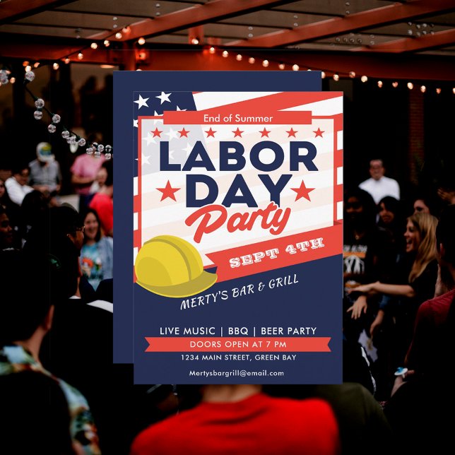 Labour Day USA Flag Hard Hat Party Event Invitatio Holiday Card (Labor Day USA Flag Hard Hat Party Event Invitation)