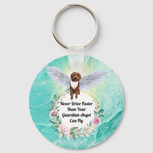 Labradoodle dog angel never drive faster than fly key ring (Front)