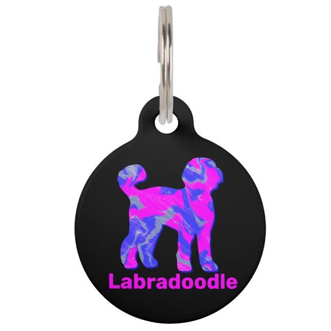 Labradoodle Dog Silhouette Crazy Hot Pink Pet Tag (Front)