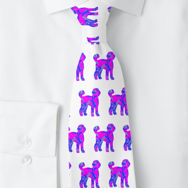 Labradoodle Dog Silhouette Pink Blue White Tie (Labradoodle pink and blue dog silhouette pattern tie for dog dads.)
