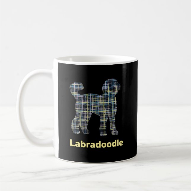 Labradoodle Dog Silhouette Yellow&Blue Grid Coffee Mug (Left)