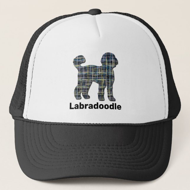 Labradoodle Dog Silhouette Yellow & Blue Grids Trucker Hat (Front)