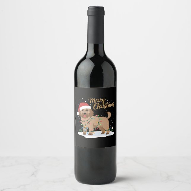 Labradoodle Merry Christmas Funny Xmas Dog Lover Wine Label (Front)