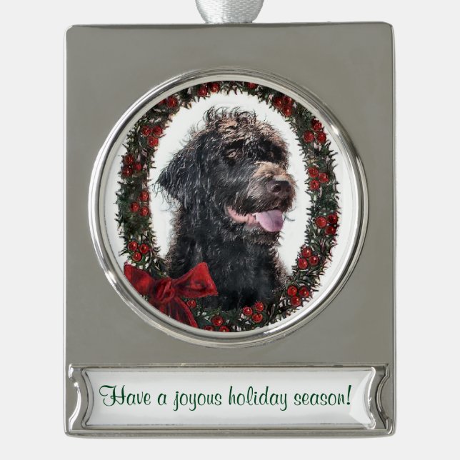 Labradoodle Personalised Christmas Silver Plated Banner Ornament (Front)