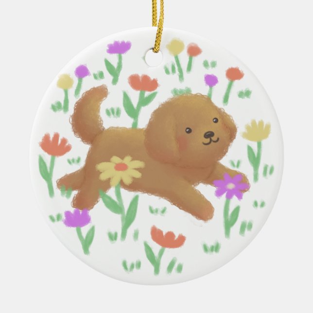Labradoodle with Flowers Illustration Ceramic Tree Decoration (Front)