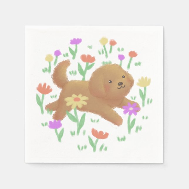 Labradoodle with Flowers Illustration Napkin (Front)