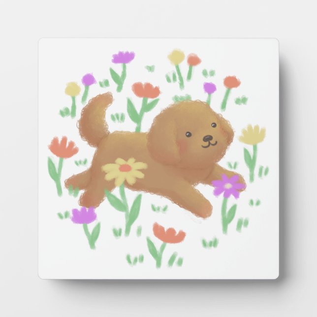 Labradoodle with Flowers Illustration Plaque (Front)