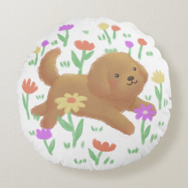 Labradoodle with Flowers Illustration Round Cushion (Front)