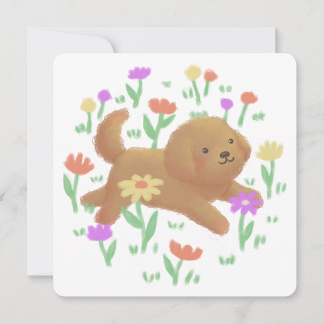 Labradoodle with Flowers Illustration Thank You Card (Front)