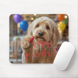 Labradoodle Writing Happy Birthday on Glass Mouse Pad