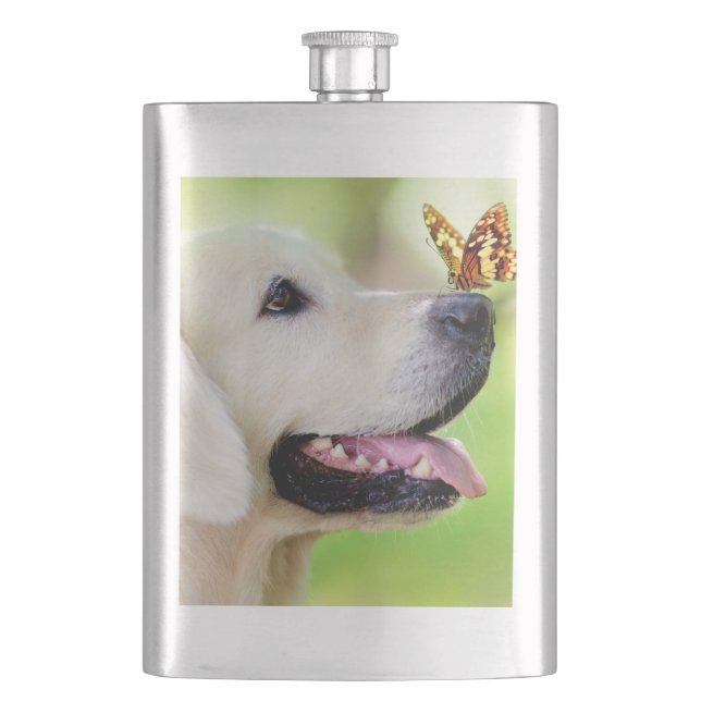 Labrador And Butterfly Throw Pillow Hip Flask (Front)