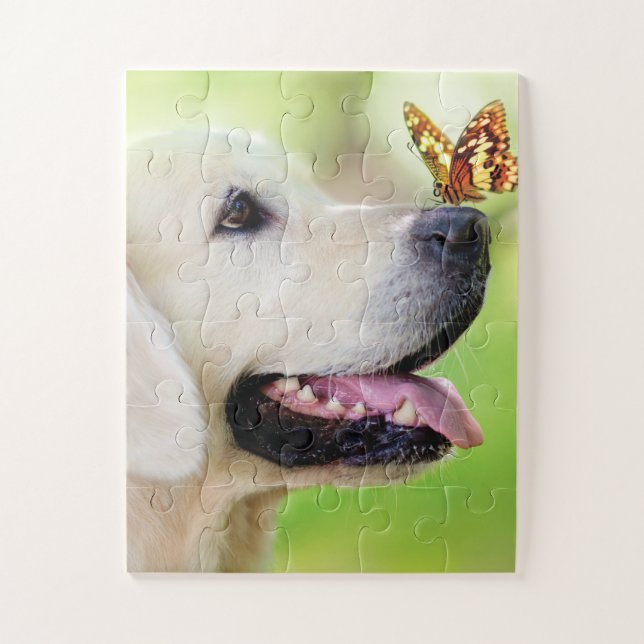 Labrador And Butterfly Throw Pillow Jigsaw Puzzle (Vertical)