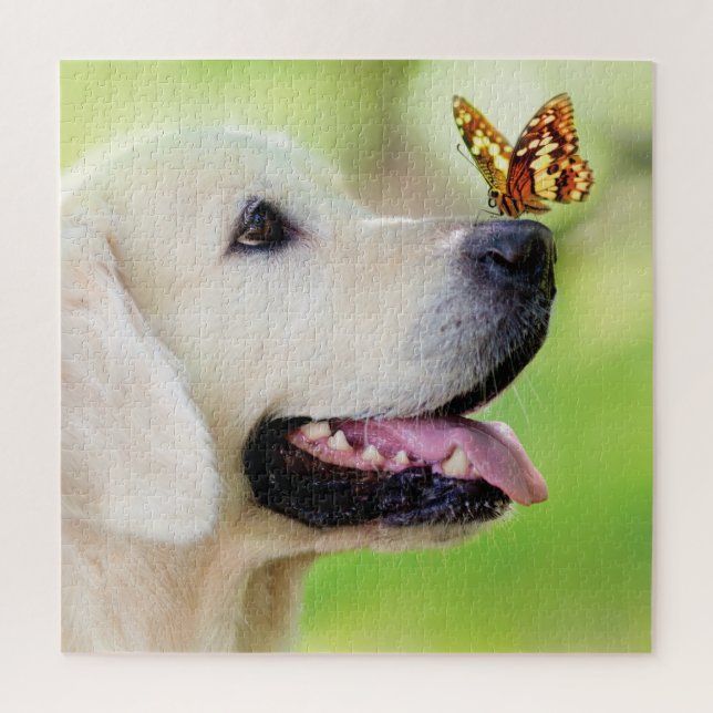 Labrador And Butterfly Throw Pillow Jigsaw Puzzle (Vertical)