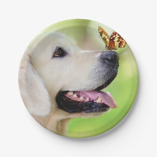 Labrador And Butterfly Throw Pillow Paper Plate (Front)