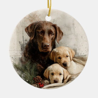 Labrador and Puppies Vintage Christmas Ceramic Tree Decoration