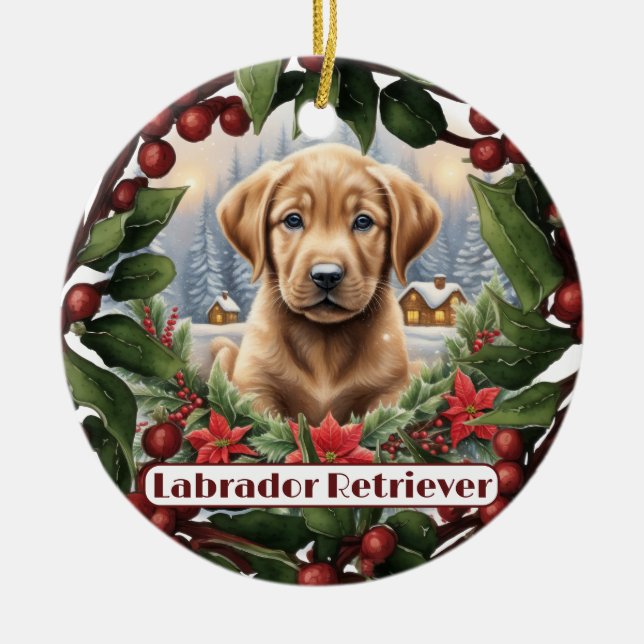 Labrador Christmas, Personalise Puppy Holiday  Ceramic Tree Decoration (Front)