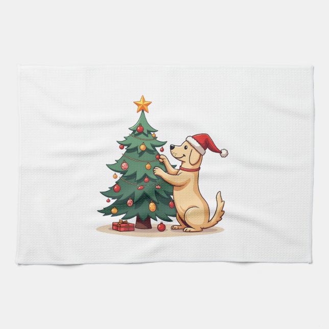 Labrador Christmas Tree Helper Tea Towel (Horizontal)