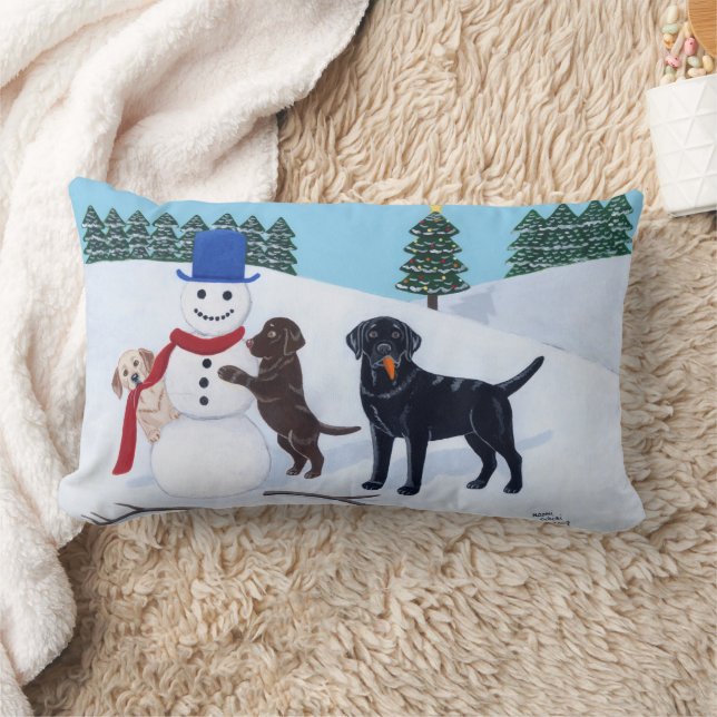 Labrador Christmas with Snowman Lumbar Cushion (Blanket)