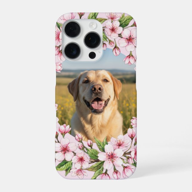 Labrador custom photo with cherry blossom wreath iPhone case (Back)
