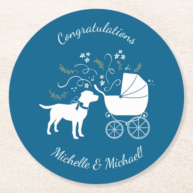 Labrador Dog Baby Shower Blue Boy Lab Round Paper Coaster (Front)