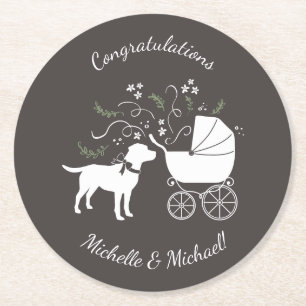 Labrador Dog Baby Shower Lab Grey Gender Neutral Round Paper Coaster