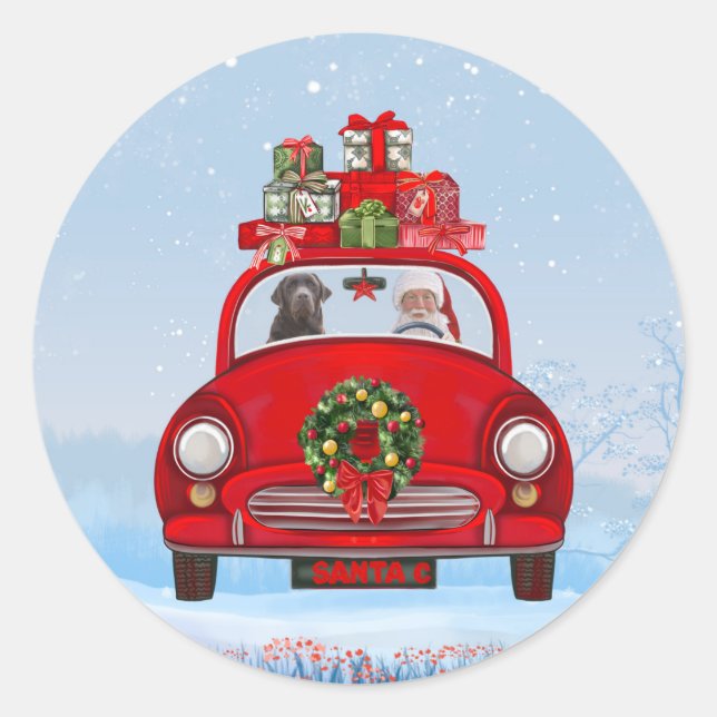 Labrador Dog In Car With Santa Claus  Classic Round Sticker (Front)
