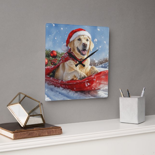 Labrador Dog in Sledge Let it Snow Christmas Square Wall Clock (Office)