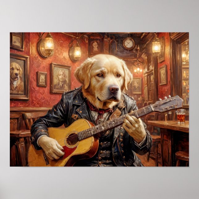 Labrador dog in steampunk dress playing guitar poster (Front)