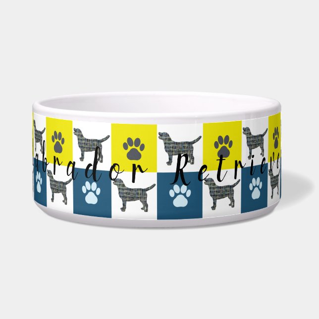 Labrador Dog & Paw Yellow & Blue Grid Dog Bowl (Front)