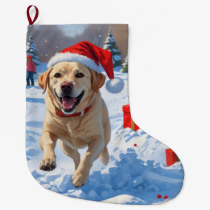 Labrador Dog Running in Snow with Christmas Hat Large Christmas Stocking