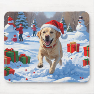 Labrador Dog Running in Snow with Christmas Hat Mouse Pad