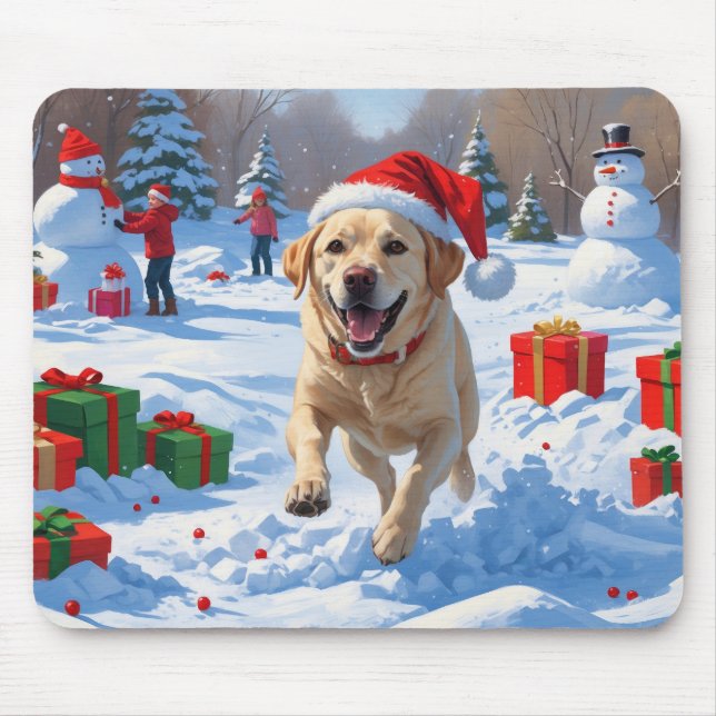 Labrador Dog Running in Snow with Christmas Hat Mouse Pad (Front)