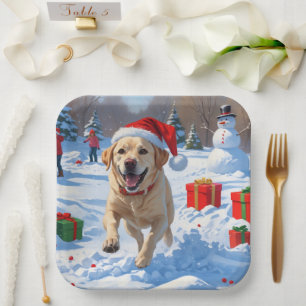 Labrador Dog Running in Snow with Christmas Hat Paper Plate