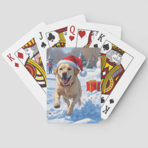 Labrador Dog Running in Snow with Christmas Hat Playing Cards