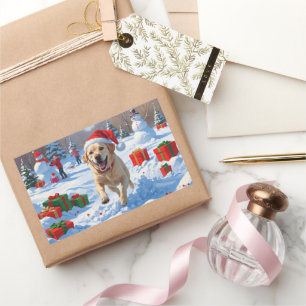 Labrador Dog Running in Snow with Christmas Hat Rectangular Sticker
