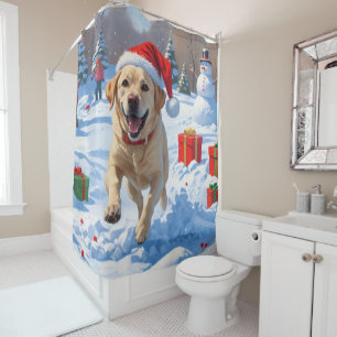 Labrador Dog Running in Snow with Christmas Hat Shower Curtain