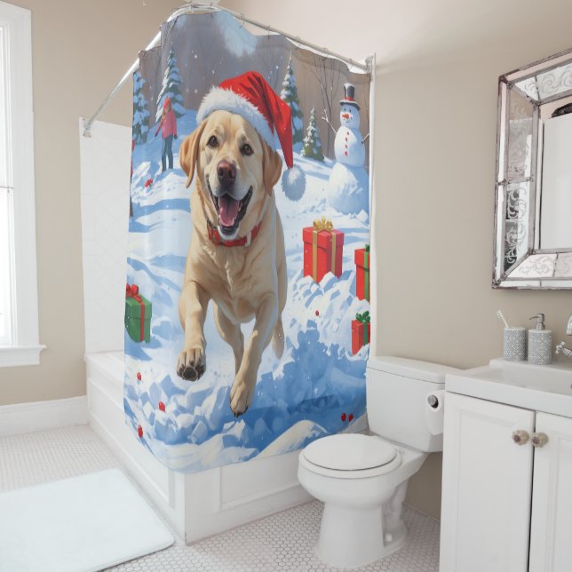 Labrador Dog Running in Snow with Christmas Hat Shower Curtain (In Situ)