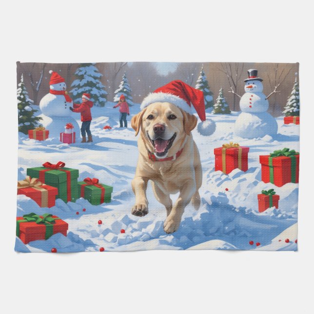 Labrador Dog Running in Snow with Christmas Hat Tea Towel (Horizontal)