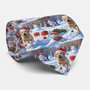 Labrador Dog Running in Snow with Christmas Hat Tie