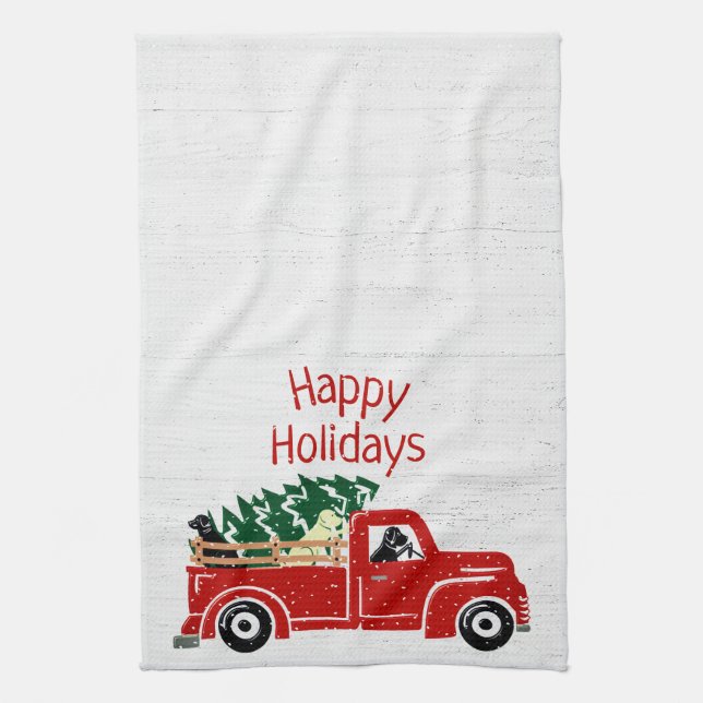 Labrador Dogs In Red Christmas Truck Tea Towel (Vertical)