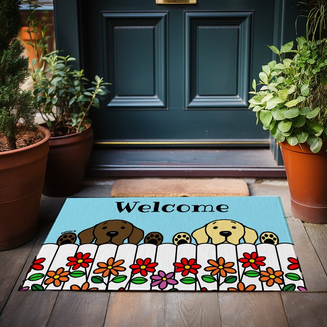Labrador Duo Watching You Welcome Doormat (Labrador Duo Watching You Welcome Doormat.  Chocolate Lab and Yellow Lab.  Cute Cartoon Design.)