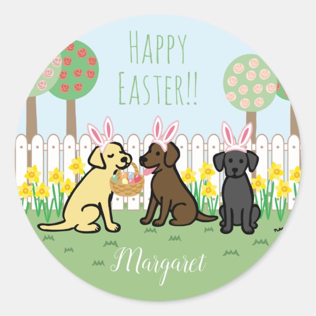 Labrador Easter Bunnies Garden  Classic Round Sticker (Front)