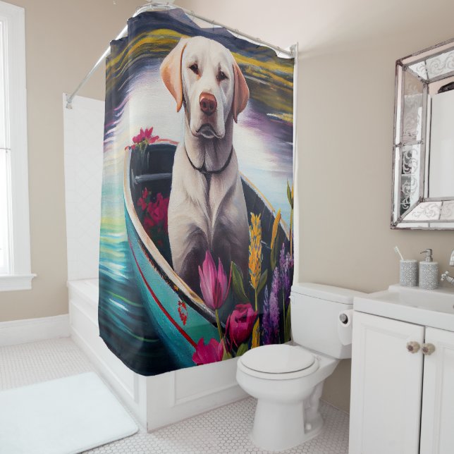 Labrador on a Paddle: A Scenic Adventure Shower Curtain (In Situ)